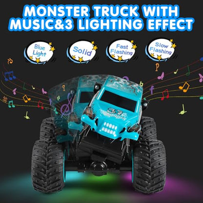 DYODYORC Remote Control Car, 2.4Ghz All Terrain Shark Monster Truck Toys, RC Truck with Music, 3 Lighting Effects, 360 Stunt Capable, 2 Batteries Ready to Run, Toy Gifts for Boys and Girls (Blue) - color: Blue Monster