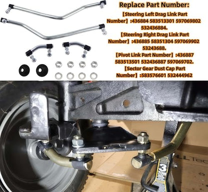 Steering Drag Link Set LH/RH for Husqvarna Craftsman Poulan Mower, 6 Pack | Replaces 436884 436885 436887, Adjustable Ends, 4130 Zinc Coated Steel, Includes Pivot Links & Dust Caps
