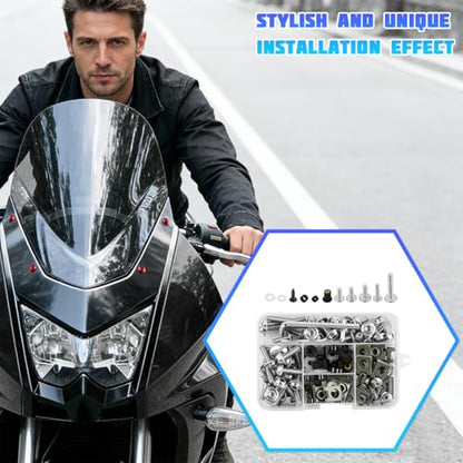 195PCS M5 M6 Motorcycle Fairing Bolt Kits, Stainless Steel Windshield Fairing Screws Fastener, Motorbike Windscreen Bolts Nut Clips Kit, Universal for Dirt Bike Scooters Motocross (Silver) - color: Silver