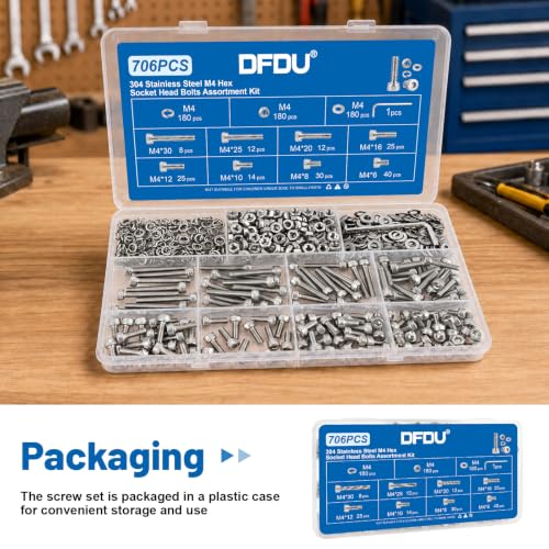 706PCS M4 Hex Socket Head Cap Screw Assortment Kit 304 Stainless Steel | Metric Machine Bolts and Nuts, Flat & Spring Washers, M4x6/8/10/12/16/20/25/30 mm for 3D Printer, RC Car, Drones, DIY Repair - size: SS M4 706PCS