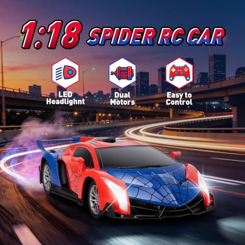Spider Remote Control Car for Kids, RC Cars for Boys Kids 1:18 Electric Vehicle Toy Car Hobby Racing Car Toys with Lights & Controller, Birthday Gift for 3 4 5 6 7 8 9 Year Old Boys Girls