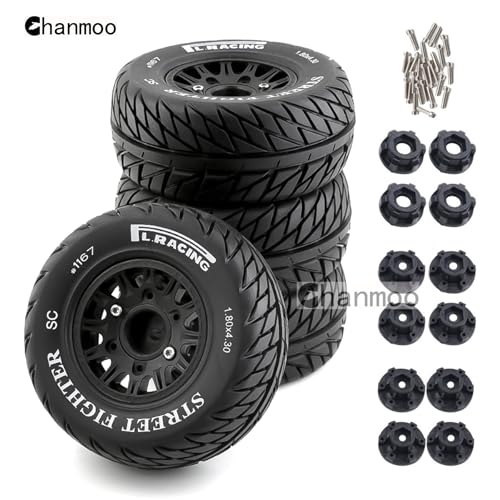 1/10 RC Short Course Truck Tires And Wheels With 12mm 14mm 17mm Hex 113mm 1/8 Rubber Tyres For 1/8 or 1/10 Scale On Road Car HSP Sonic 94102 GT PTG-2 Tamiya TT02 RC Racing Car 4PCS (Black B) - color: Black B