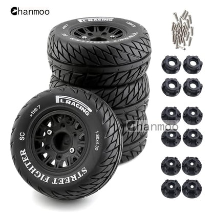 1/10 RC Short Course Truck Tires And Wheels With 12mm 14mm 17mm Hex 113mm 1/8 Rubber Tyres For 1/8 or 1/10 Scale On Road Car HSP Sonic 94102 GT PTG-2 Tamiya TT02 RC Racing Car 4PCS (Black B) - color: Black B