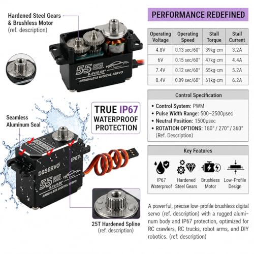 DSSERVO BLS4355 55KG Low Profile Brushless Digital Servo IP67 Waterproof Metal Gear, 0.09s, 180/270/360 Degree for RC Crawler Truck Robot Arm (180 Degree) | Low Profile Brushless IP67 Waterproof