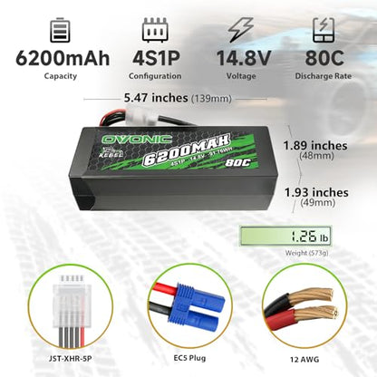 OVONIC 80C 4S 6200mAh 14.8V Lipo Battery with EC5 Connector for arrma 1/5, 1/8 Scale RC Cars and Trucks Buggy Truggy 2pcs