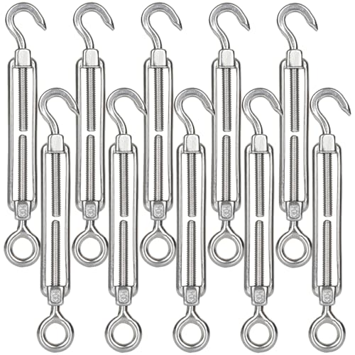 Acrux7 10 PCS M6 Turnbuckle Hook and Eye 304 Stainless Steel Turn Buckles Heavy Duty Adjustable Wire Tensioner Cable Turnbuckle Kit for 1/8 1/4 Inch Cables Wires, Rope Tension, Sun Shade Sail, Cmaper