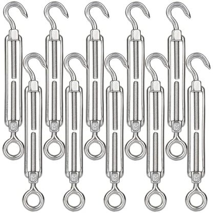 Acrux7 10 PCS M6 Turnbuckle Hook and Eye 304 Stainless Steel Turn Buckles Heavy Duty Adjustable Wire Tensioner Cable Turnbuckle Kit for 1/8 1/4 Inch Cables Wires, Rope Tension, Sun Shade Sail, Cmaper