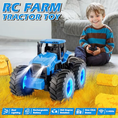 BAYSING Remote Control Monster Tractor Toy, Blue Light Up Monster Truck Toy | LED Lights Toddlers RC Farm Vehicle for 3, 4, 5, 6, 7 years old Boys ＆ Girls Ideal Christmas, Birthday Gifts for Kids - color: Blue