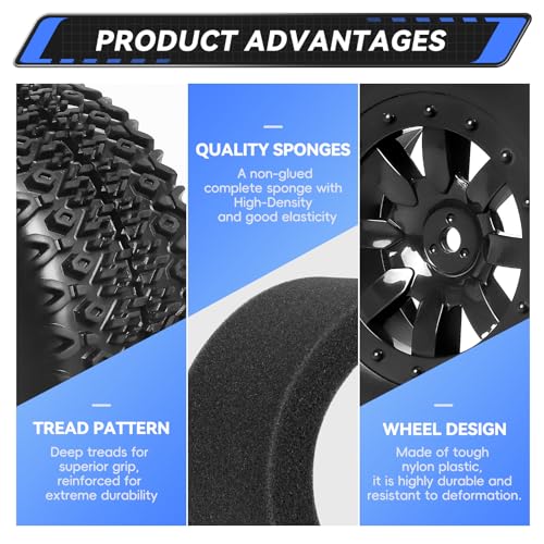 RC Short Course Truck Tires 1/10 Scale, High-Performance Pre-glued RC Wheel Rim and Tires Set 12mm Hex with Foam Inserts for Traxxas Slash 4X4 2WD HPI VKAR Redcat HSP LRP 4PCS (Style B)
