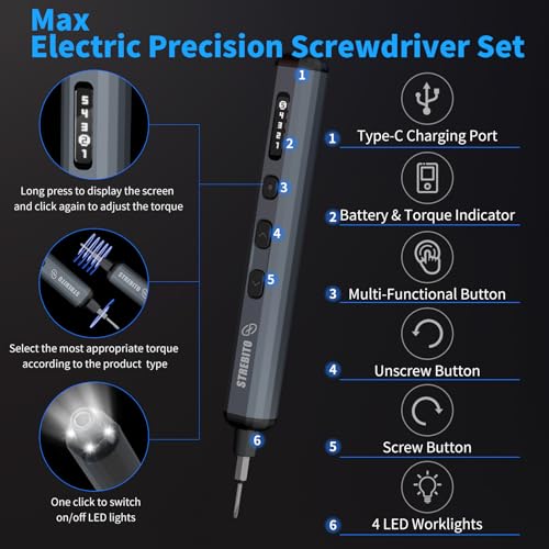STREBITO Mini Electric Screwdriver Set, 70 in 1 Small Electric Screwdriver - 64 S2 Preicison Bits, 5 Torque Settings, 4 LED Lights, Mini Power Screwdriver Repair Tool Kit for PC Electronic (Upgraded) - style: Upgraded