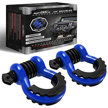 AUTMATCH 3/4" D Ring Shackles (2-Pack) - 41,887 lbs Break Strength | Clevis Shackle with 7/8" Pin & Isolator Washer Kit for Tow Strap, Winch, Towing & Off-Road Vehicle Recovery, Blue & Black - color: Blue & Black