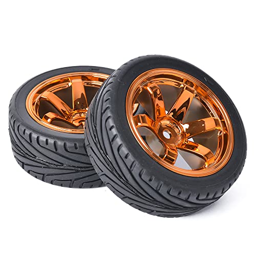 4PCS RC Car Rubber Tires and Plastic Wheels Rims Compatible with 1/10 Scale On Road Touring Racing Flat Drift Car for HSP HPI Tamiya (Orange) - color: Orange