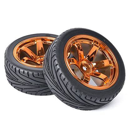 4PCS RC Car Rubber Tires and Plastic Wheels Rims Compatible with 1/10 Scale On Road Touring Racing Flat Drift Car for HSP HPI Tamiya (Orange) - color: Orange