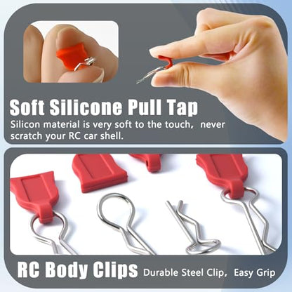 RC Body Clips with Pull Tabs, 1.2mm Stainless Steel R Clips Body Pins for 1/10 1/12 RC Cars, Trucks, Crawlers, Buggy & Touring Cars, Compatible with Traxxas Axial Arrma Redcat HPI HSP Himoto, 20-Pack - color: Red