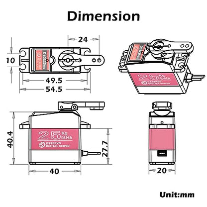 DS3225MG RC Digital Servo 25Kg Waterproof Servo Full Metal Gear 180 Degree for 1/8 1/10 DIY Baja Car Crawler Truck RC Robot Arm - size: 25kg 180°