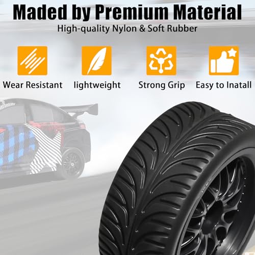 OD 2.55" On Road Rubber Tires Nylon Wheels- 12mm Hex for 1/10 RC Racing Car | Compatible with MJX HSP Tamiya HPI Kyosho Traxxas Sakura Redcat WLtoys 1/10 RC On-Road Racing Touring Car (4pcs, Black) - style: E-Black