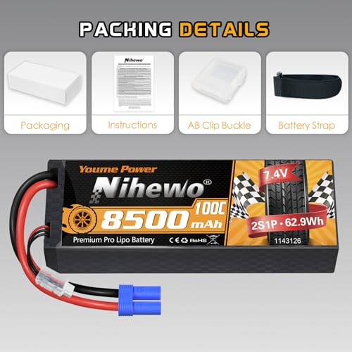 2S Lipo Battery 8500mAh 7.4V 100C Hardcase EC5 2Pcs for RC Car Truck | 2S Lipo Battery EC5 7.4V 8500mAh 100C for 1/8 1/10 RC Car Truck Buggy Boat Drone Model Durable Hardcase protection - style: 2x 7.4V 8500mAh