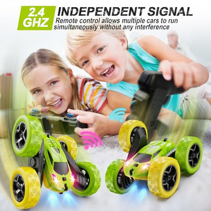 QUNREDA Remote Control Car, RC Car Toys for 6-12 Year Old Boys, Off Road RC Stunt Car 4WD 360° Rotating Remote Control Car for Kids, Boys Girls Gifts for Birthday, Christmas Yellow&Green - color: Yellow&green