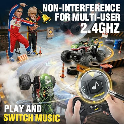 BEZGAR 1:20 Monster Truck Toys, 360°Stunt RC Cars with Music and Light | Green Dinosaur Toys with 2 Batteries and Wireless LED Strobe Lights, Remote Control Car with Glowing wheels for boys - color: Green