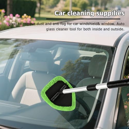 Car Windshield Cleaner Tool, Extendable Handle Pentagonal Vehicle Window Cleaning Kit with 4 Reusable Pads Spray Bottle, Auto Windscreen Detailing Cleaner, Universal Fit (Green) - size: Green