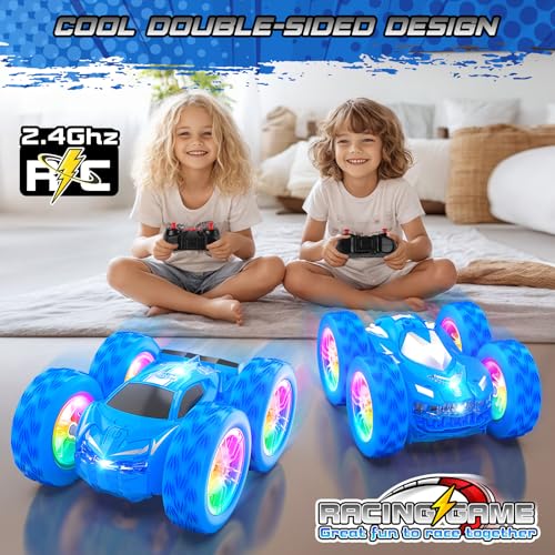 Wupuaait Flip Remote Control Car for Kids, RC Stunt Cars Toys for Boys Ages 4-7 with Double-Side and Changeable Led Lights, 1:24 Vehicle Toy Birthday Gift 3 4 5 6 7 8 9 Year Old Girls Racing Car Blue - color: Blue