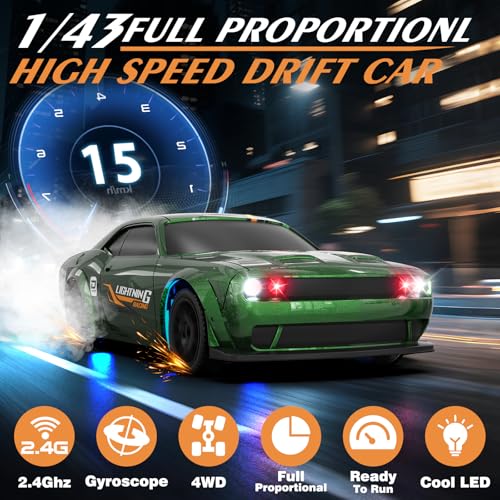 Mini RC Drift Car 1/43 2.4GHz RC Drift Cars with Gyro, 4WD Full Proporitonal High Speed Remote Control Car with LED Lights and Drifting Tires Hobby Racing Cars for Adults Kids Boys, Green - color: Green