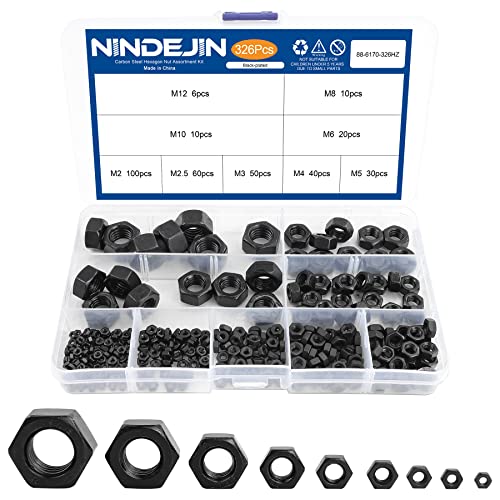 NINDEJIN 326 pcs M2-M12 (9 Sizes) Metric Black Hex Nuts Kit for Screw Bolt | Carbon Steel, Metal Hex Nuts Set, Six-sided Hexagon Nuts, for Locks; Lamps; Toys; Bicycles, Used to Tighten Bolts and Screws
