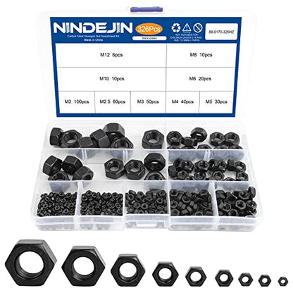 NINDEJIN 326 pcs M2-M12 (9 Sizes) Metric Black Hex Nuts Kit for Screw Bolt | Carbon Steel, Metal Hex Nuts Set, Six-sided Hexagon Nuts, for Locks; Lamps; Toys; Bicycles, Used to Tighten Bolts and Screws