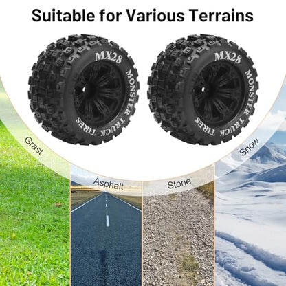12mm Hex RC Wheels and Tires, daitoku MX28 RC Truck Tires for Traxxas Rustler Stampede Hoss 2wd 4x4 vxl Redcat RIAARIO AMORIL - Style B (Black) Not Glued