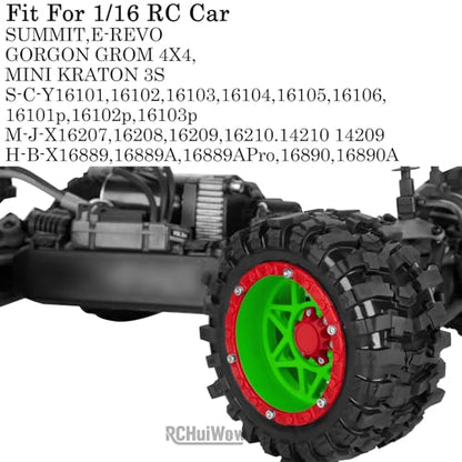 1/16 RC Wheels and Tires 4PCS, RCHuiWow 12mm Hex Plastic Rim Tires Set for 1/16 M-J-X16207-210,H-B-X16889-890,S-C-Y16101-106,Summit E-Revo Gorgon Grom,Mini Kraton 3S RC Truck Upgrades,Green&Red - color: Green&red(4pcs)