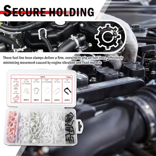 70PCS Fuel Line Clips Replacement Kit,7 Size Includes 5/16" & 3/8" Fuel Line Clamps OEM# 22717568/93740718,Brake Hose Clip Set as Car Accessories Compatible with Ford/Chrysler/GM