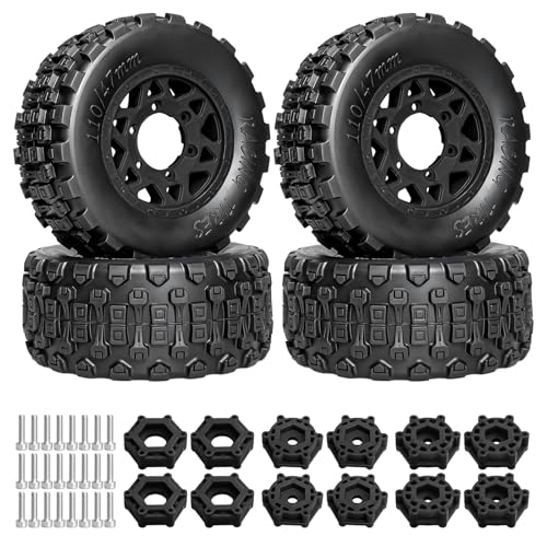 LRFHL 1/10 RC Short Course Truck Tires with 12mm 14mm 17mm Hex, 4PCS | Pre-Glued, RC Off-Road Short Truck Tires, for 1/8 1/10 Arrma Senton Traxxas Slash 2WD Axial Losi Redcat - color: Black Tires+ Black Wheels