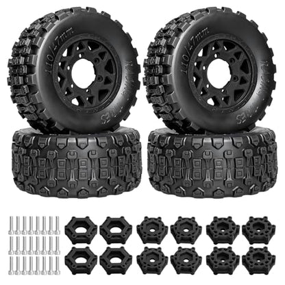 LRFHL 1/10 RC Short Course Truck Tires with 12mm 14mm 17mm Hex, 4PCS | Pre-Glued, RC Off-Road Short Truck Tires, for 1/8 1/10 Arrma Senton Traxxas Slash 2WD Axial Losi Redcat - color: Black Tires+ Black Wheels