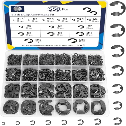ZQZ 550Pcs E Clips Assortment (M1.5-M15), External Retaining Rings, 14 Sizes Snap Rings Assortment Kit, Black Carbon Steel Assorted Snap Rings - color: Black, size: Black Carbon Steel 550Pcs E-clips