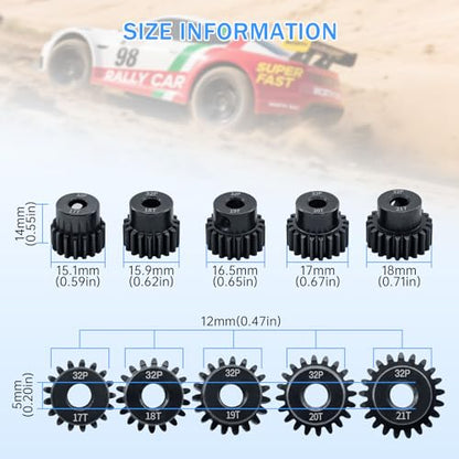 32P Metal Steel Gear Set 5mm Hole 17T 18T 19T 20T 21T Gear with Hex Key Screwdriver Hardened Pinion Gear for 1/8 1/10 RC Car - size: 17T 18T 19T 20T 21T