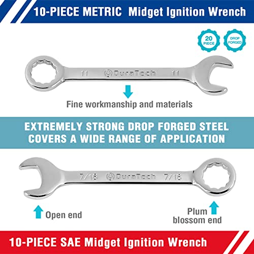 DURATECH Mini Wrench Set, Small Ignition Wrench Set, Mirror Polished | 20-Piece, Metric & SAE, 4mm-11mm & 5/32" - 7/16", Lightweight, with Rolling Pouch, for Tight Access in Confined Spaces