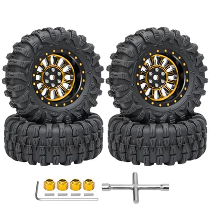 LRFHL 1.3" Beadlock Wheel Tires Aluminum for SCX24 TRX4M, 4PCS, Gold | Upgraded 1.45-inch Wheel, 1/24 SCX24 1/18 TRX4M RC Crawler Car Upgrade - color: Black Tires+ Gold Wheels-3