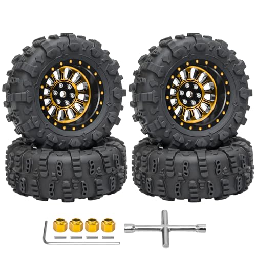 LRFHL 1.3" Beadlock Wheel Tires Aluminum for SCX24 TRX4M, 4PCS, Gold | Upgraded 1.45-inch Wheel, 1/24 SCX24 1/18 TRX4M RC Crawler Car Upgrade - color: Black Tires+ Gold Wheels-2
