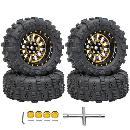 LRFHL 1.3" Beadlock Wheel Tires Aluminum for SCX24 TRX4M, 4PCS, Gold | Upgraded 1.45-inch Wheel, 1/24 SCX24 1/18 TRX4M RC Crawler Car Upgrade - color: Black Tires+ Gold Wheels-2