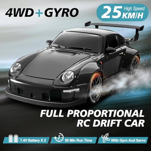 RC Drift Car Pro Upgraded with Gyro, 1:24 Full Proportional Remote Control Car, 25KM/H 4WD High Speed RC Cars with Lights, Extra Racing Tires, Vehicle for Adults Kids Boys Girls, Black - color: Black