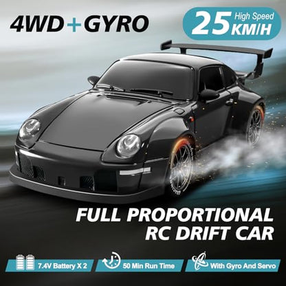 RC Drift Car Pro Upgraded with Gyro, 1:24 Full Proportional Remote Control Car, 25KM/H 4WD High Speed RC Cars with Lights, Extra Racing Tires, Vehicle for Adults Kids Boys Girls, Black - color: Black