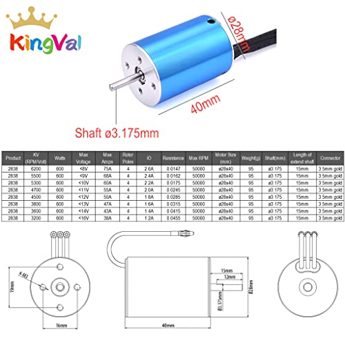 KingVal Replacement 2838 3600KV Brushless Sensorless Motor Shaft 3.175mm with 35A Brushless ESC Combo Compatible with 1/14 1/16 RC Car