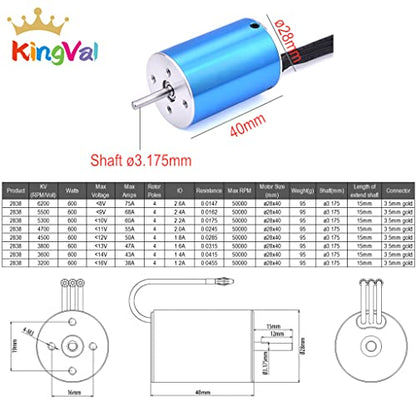 KingVal Replacement 2838 3600KV Brushless Sensorless Motor Shaft 3.175mm with 35A Brushless ESC Combo Compatible with 1/14 1/16 RC Car