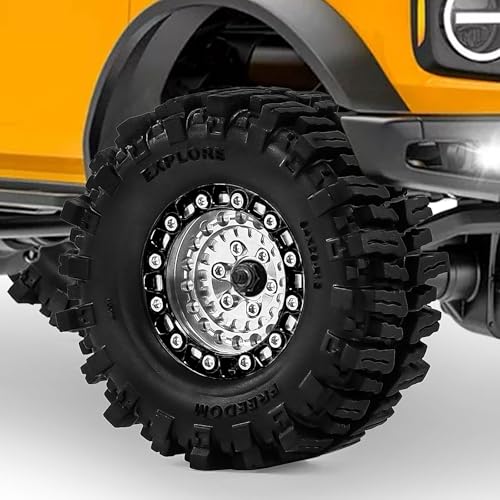 1.3" Beadlock Wheels and Tires for SCX24 TRX4M 1/18 1/24 RC Crawler – Aluminum CNC Rims, Rubber Tires with Foam Inserts, Upgrade Parts (Silver)