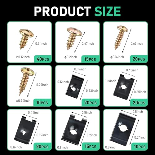 170PCS Car U Clips and Screws Kit, Auto Body Fasteners | Zinc Plated Metal Retainer Clips, U Speed Nuts and Screw Clip for Fender, Radiator Shield, Engine Cover Replacement Parts