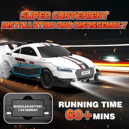 RC Drift Car 1/16 Scale 2.4Ghz 4WD Remote Control Car With Spray & Led Lights, 30+KM/H High Speed RC Drag Car, Racing Sport Toy Cars for Adults Boys Girls Kids Gift 2Pcs Rechargeable Battery - color: White