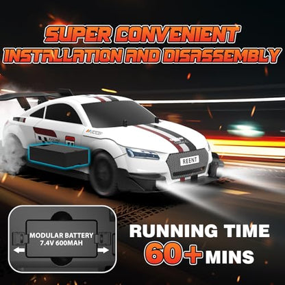 RC Drift Car 1/16 Scale 2.4Ghz 4WD Remote Control Car With Spray & Led Lights, 30+KM/H High Speed RC Drag Car, Racing Sport Toy Cars for Adults Boys Girls Kids Gift 2Pcs Rechargeable Battery - color: White