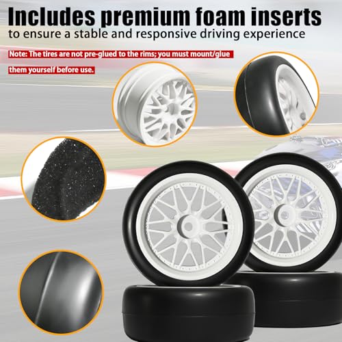 OD 2.55" On Road Rubber Tires Nylon Wheels- 12mm Hex for 1/10 RC Racing Car | Compatible with MJX HSP Tamiya HPI Kyosho Traxxas Sakura Redcat WLtoys 1/10 RC On-Road Racing Touring Car (4pcs, White) - style: A-White