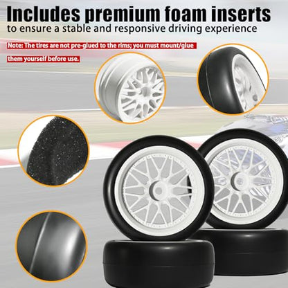 OD 2.55" On Road Rubber Tires Nylon Wheels- 12mm Hex for 1/10 RC Racing Car | Compatible with MJX HSP Tamiya HPI Kyosho Traxxas Sakura Redcat WLtoys 1/10 RC On-Road Racing Touring Car (4pcs, White) - style: A-White