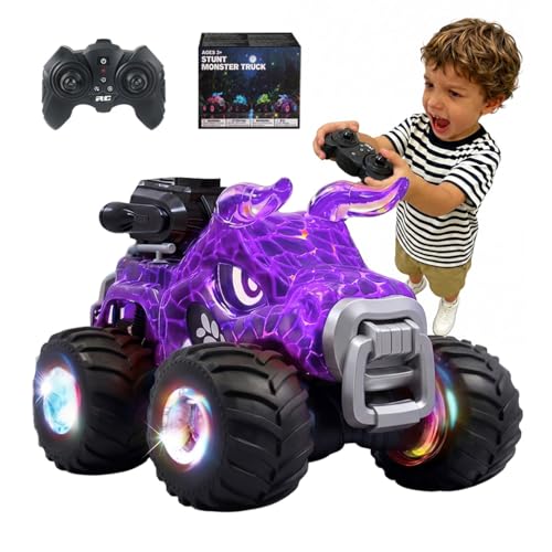 BEZGAR Monster Truck Toys, 1:18 Remote Control Monster Truck with Water Spray & Dancing Spins, 4WD RC Truck for Boys 4-7, RC Cars, Toys for 4+ Year Old Boys(Purple) - color: Purple